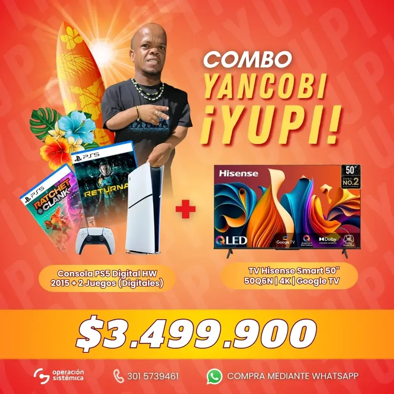 Combo Yancobi ¡Yupi! con PS5 Digital HW 2015, dos juegos digitales Ratchet & Clank y Returnal, y televisor Hisense Smart 50" 4K Q6N Google TV.